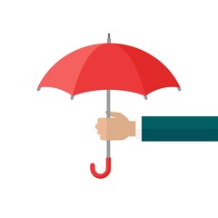 Businessman hand with red open Umbrella. Flat icon isolated on white.