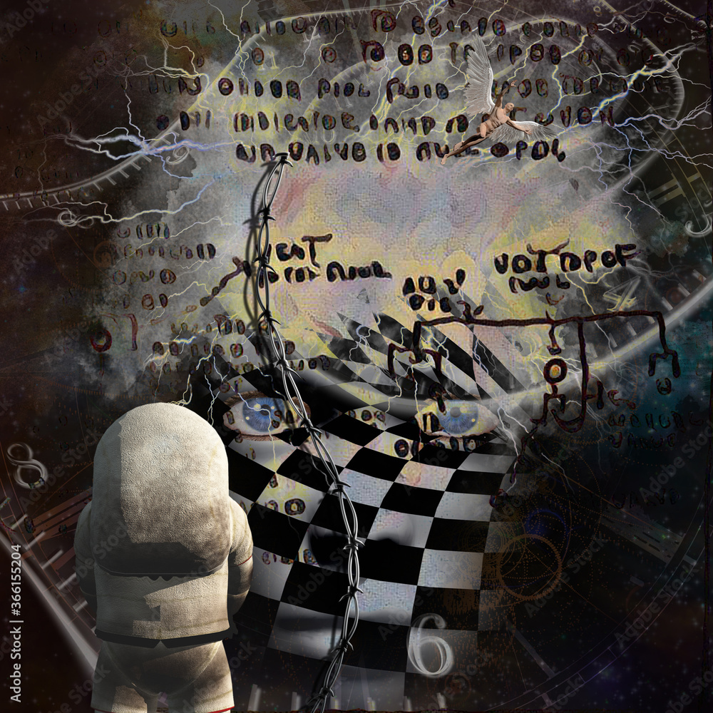 Poster surrealism. spirals of time and warped space. astronaut. checkered womans face with lightnings in de