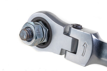 Metal bolts, nuts and a wrench for tightening. Accessories for mounting metal elements.