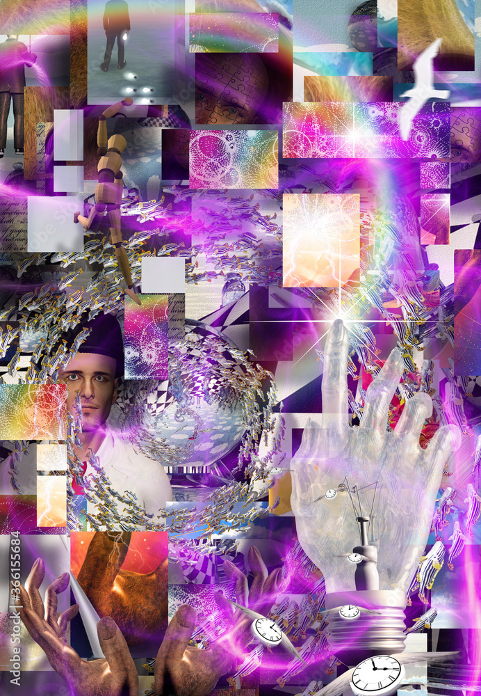 Poster the sum of imagination. complex surreal art. 3d rendering