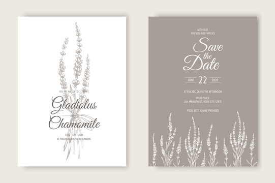 Vector wedding invitations set with lavender flowers. Romantic tender floral design for wedding invitation, save the date and thank you cards.