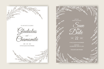 Vector wedding invitations set with lavender flowers. Romantic tender floral design for wedding invitation, save the date and thank you cards.