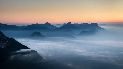 Chartreuse mountain range at dawn with clouds - obrazy, fototapety, plakaty