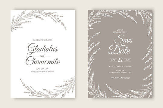 Vector wedding invitations set with lavender flowers. Romantic tender floral design for wedding invitation, save the date and thank you cards.