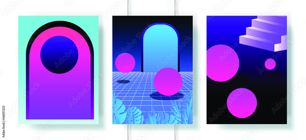 Poster retrofuturistic abstract posters with surreal geometric composition in neon acid colors. vaporwave a