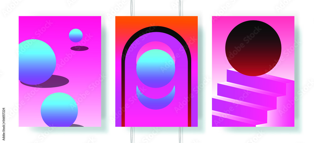 Poster retrofuturistic abstract posters with surreal geometric composition in neon acid colors. vaporwave a