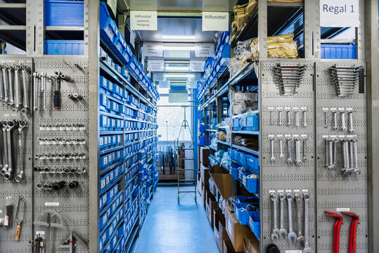 Shelf with tools in a workshop of a factory