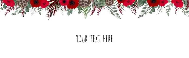 Horisontal botanical vector design banner. Eucalyptus, succulents, flowers, greenery. Natural spring card or frame.