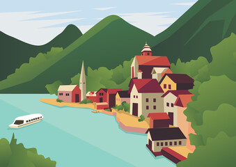 Landscape of beautiful city, mountain, and bay, vector illustration of natural and rustic background for poster, banner, card, brochure, or cover.