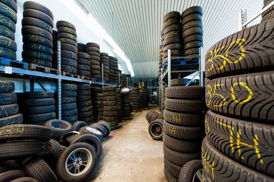 Interior of rubber tires at illuminated store