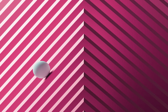 Three dimensional render of small white sphere rolling over geometric pattern