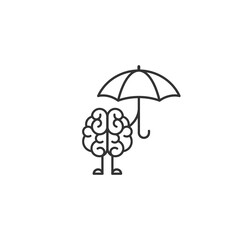 Black brain character with umbrella icon. Intellect, phsychology, knowledge simple pictogram isolated on white.