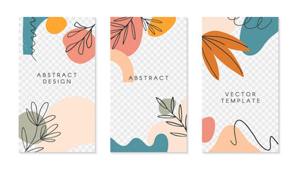 Set of editable insta story templates with copy space for text.Modern vector layouts with hand drawn organic shapes and textures.Trendy design for social media marketing,digital post,prints,banners.