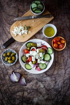 Bowl of ready-to-eat Greek salad and its ingredients