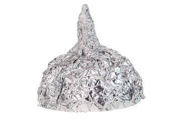Aluminium foil hat isolated on white background, symbol for conspiracy theory and mind control...