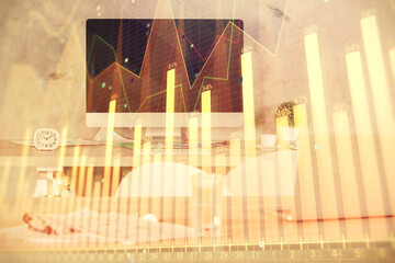 Multi exposure of financial graph drawing and office interior background. Concept of market analysis.