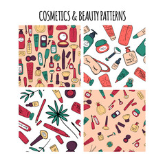 Cosmetics and beauty patterns. Make up and skin care textures. Backgrounds for print and web. Cute cosmetics products and accessories. Vector illustration