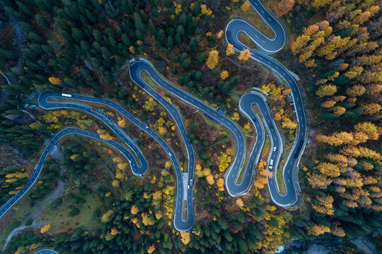 Switzerland, Canton of Grisons, Saint Moritz, Drone view of Maloja Pass in autumn