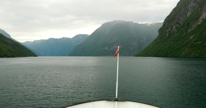 Sunnylvsfjorden, Norway. Sunnylvsfjorden Spring Landscape. View From Floating Touristic Ship Ferry Boat In Summer Day. Famous Norwegian Landmark And Popular Destination