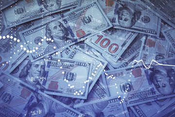 Double exposure of data theme drawing over us dollars bill background. Technology concept.