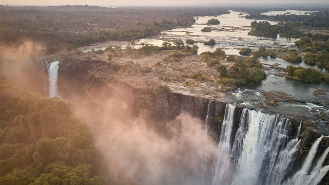 Aerial view of Victoria Falls against during sunset, Zimbabwe