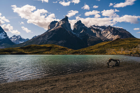 Chile, Lakeshore in Torres Del Paine National Park with Cuernos Del Paine in background