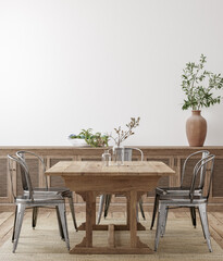 Farmhouse dining room interior, wall mockup, 3d render © artjafara