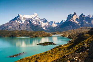 Chile, Scenic view of turquoise lake in front of Cordillera Paine mountain group