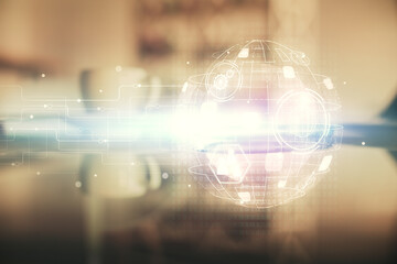 Double exposure of social network theme drawing hologram over coffee cup background in office. Concept people connection.