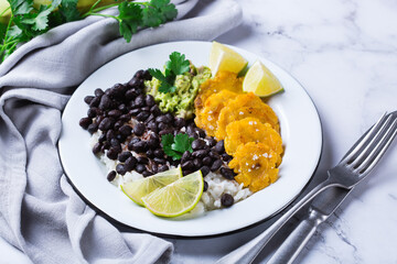 Rice with black beans, fried tostones, plantains, guacamole sauce