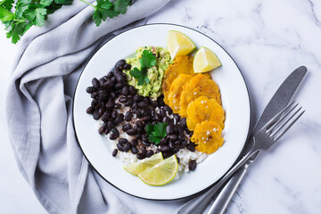 Rice with black beans, fried tostones, plantains, guacamole sauce