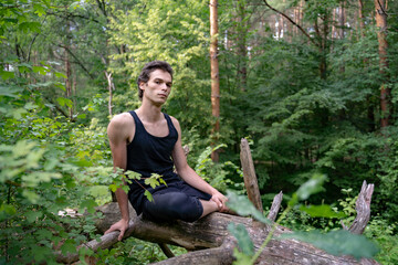 Naklejka na ściany i meble Portrait of serious man sitting on log against trees in forest
