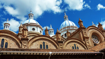 View at the domes of New Cathedral or Catedral de la Inmaculada Concepción de Cuenca in center of Cuenca, UNESCO World heritage site, Ecuador