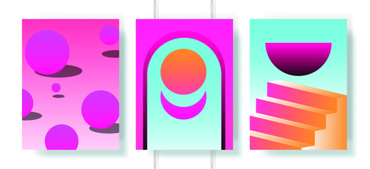 Retrofuturistic abstract posters with surreal geometric composition in neon acid colors. Vaporwave and synthwave style covers for music event.