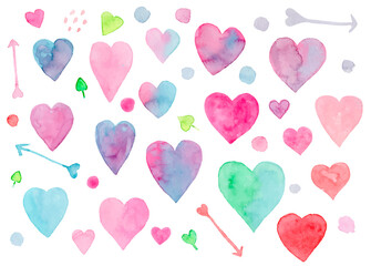 Collection of cute vibrant vector watercolor hearts and arrows for Valentines day greeting cards and banners design. Cute hand drawn pink, blue, green heart illustration for romantic decoration