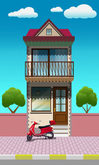 A small two-storey Turkish house. A red scooter in front. A blue sky and two trees. Vector illustration.