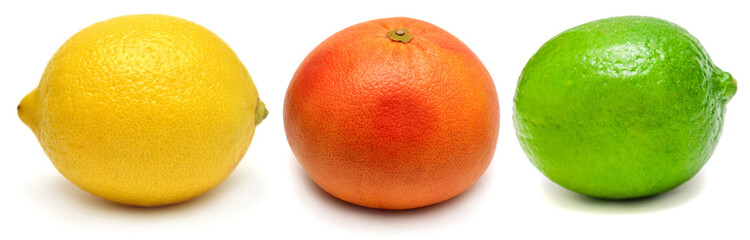 Collection lemon, lime, grapefruit isolated on white background. Creative healthy food concept. Nature, juice. Flat lay, top view
