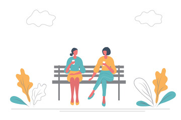 Young women drink coffee on a bench in a park. They are chatting with each other. There are also plants and clouds in the picture. Flat style. Vector illustration