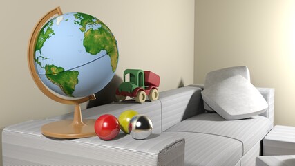 A globe on a white couch in the living room - 3D rendering illustration