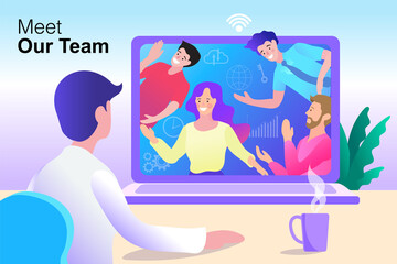 Meet our team concept. A person participates in a video conference call on a laptop, connecting with happy colleagues virtually. This shows successful remote teamwork and online collaboration.