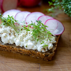Vollkornbrot mit Frischkäseaufstrich und Garnierung aus Radieschen Kresse und tomaten