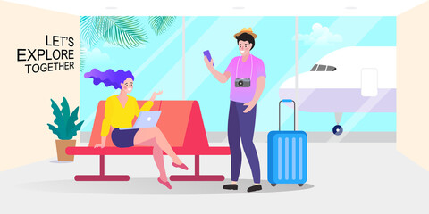 Man and Woman with Luggage Waiting Takeoff in Airport Departure Hall Lounge. Lady Working on Laptop.