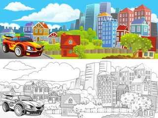 Naklejka premium cartoon scene with sketch of the middle of a city with car