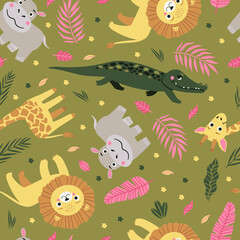Seamless pattern of wild exotic animals living in savannah or tropical jungle. Vector bright illustration for kids