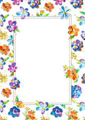 Summer happy colorful watercolor painted paper-cut flowers border frame ornament illustration. A4 A5 A3 international paper slide poster card with free blank copy space for text