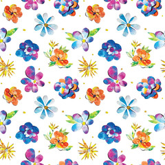 Sunny cheerful happy bright flower hand painted watercolor paper-cut design seamless patter illustration. Perfect for textile, wallpaper or banner backgrounds, gift wrapping paper, card decoration