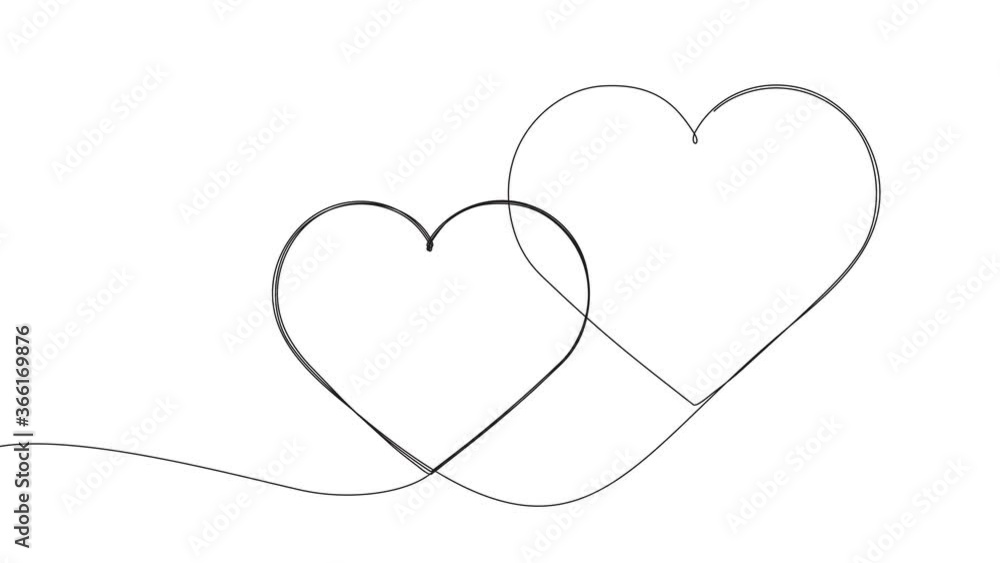 Fototapete two hearts in one continuous line style with red hatching animation