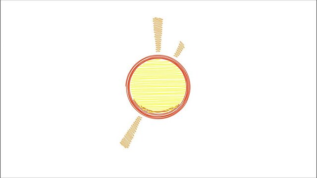 Hand drawn syn symbol in hatching, scribe style, animation of colorful sun doodle, continuous line animated.