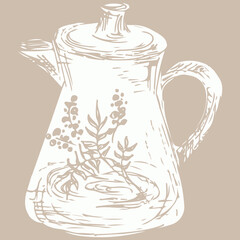 Hand drawn tea kettle illustration in engraving style for menu or cafe. Vector Arab coffee pot. Antique Arabian teapot. Hand drawn outline doodle illustration. Arabic vintage style