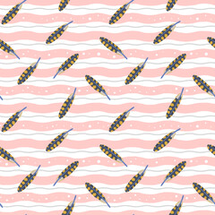 pastel baby pink and grey wonky strips and colourful feather seamless pattern vector elements, surface, textile, fabric, wallpaper, packaging, stationery, greeting card, gift wrap design